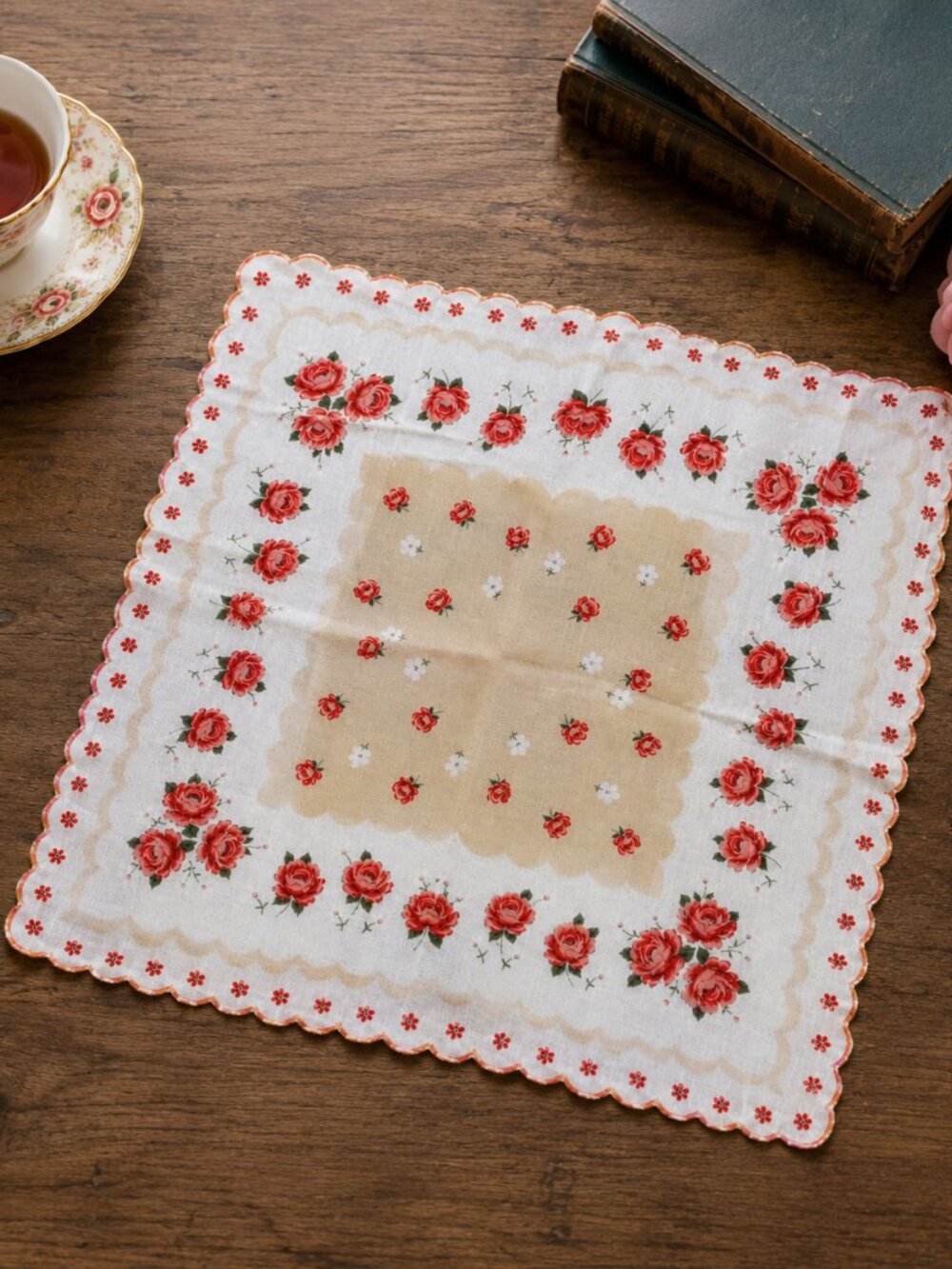 Vintage Rose Floral Handkerchief Hanky 12" Scalloped Edge Cottagecore